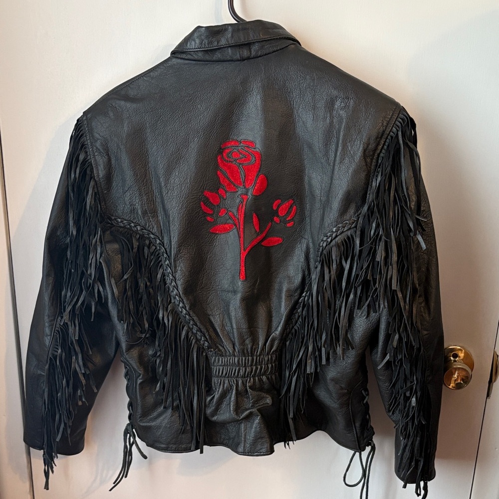Black Leather Fringe Jacket with Red Embroidery - Picture 2 of 5